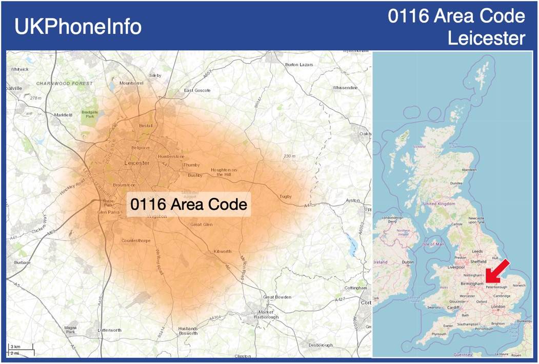 Map of the 0116 area code