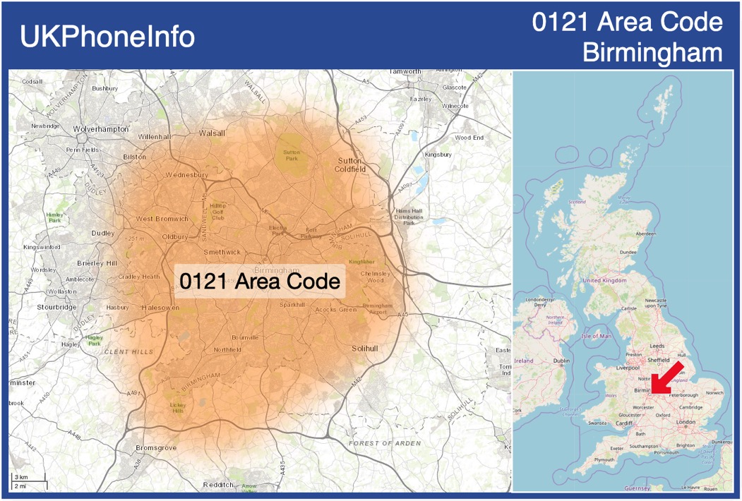 Map of the 0121 area code