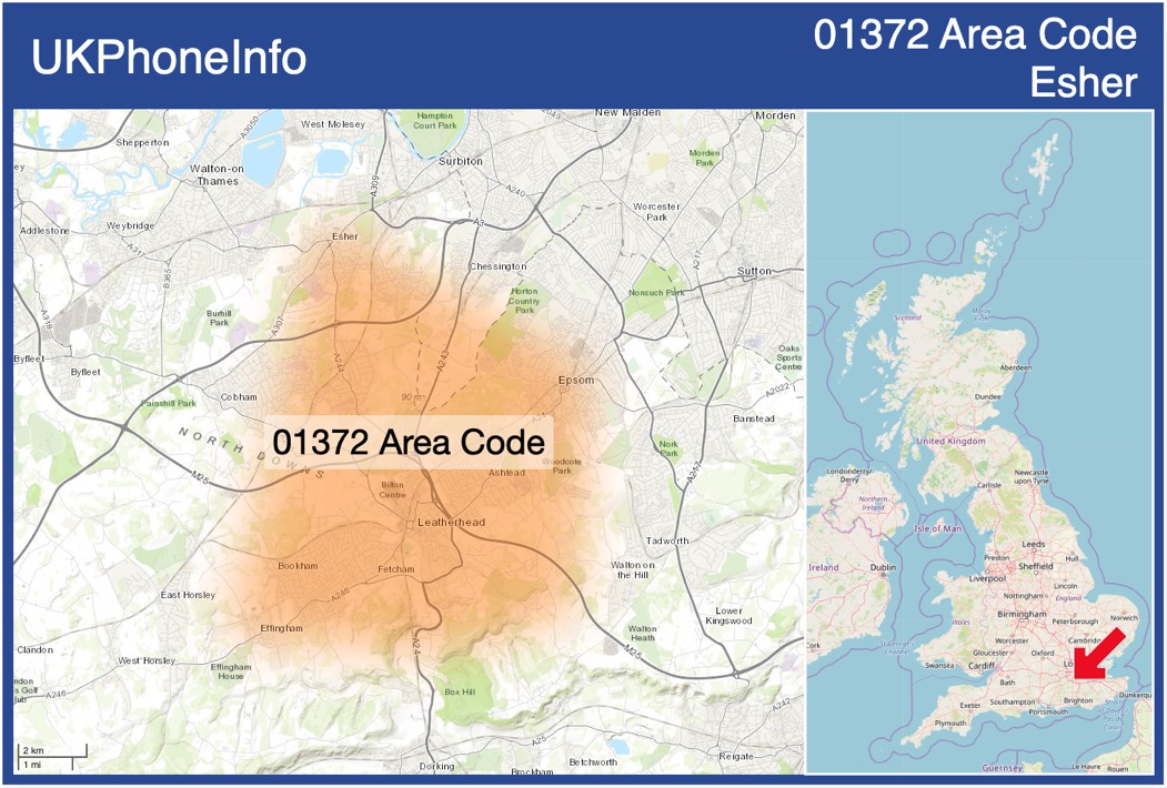 Map of the 01372 area code