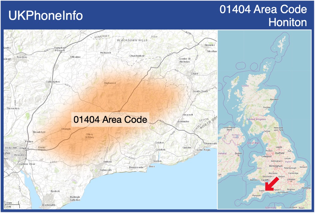 Map of the 01404 area code