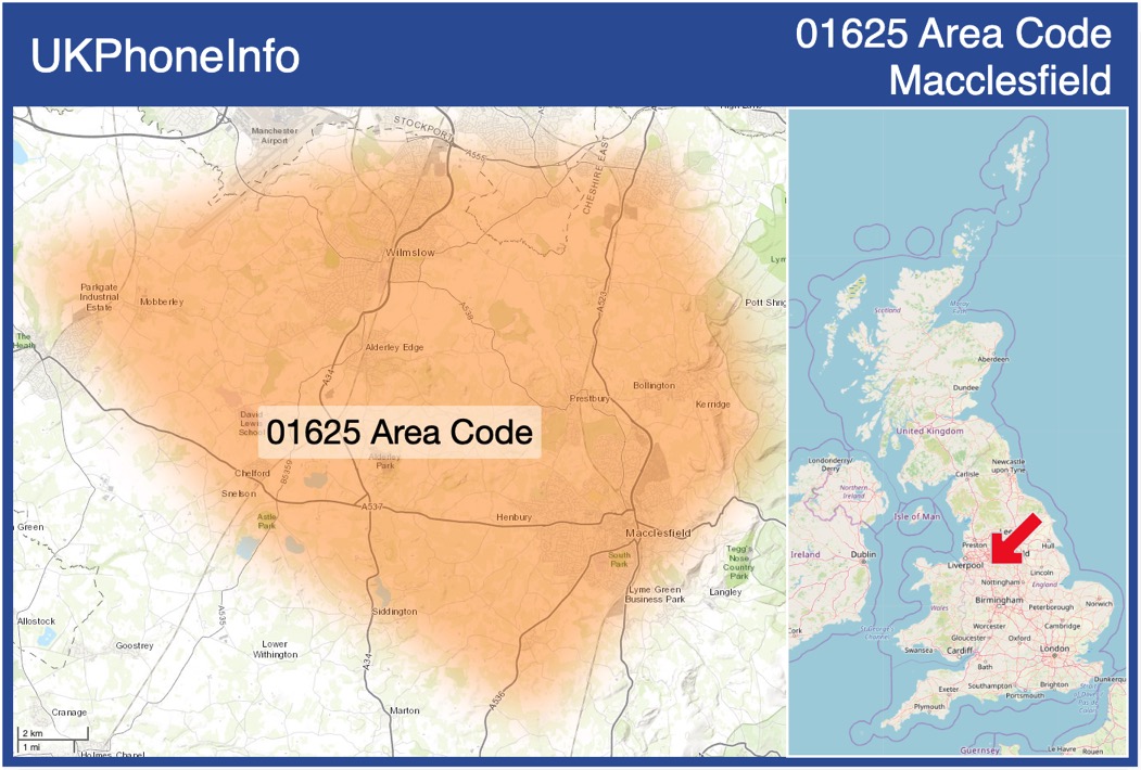 Map of the 01625 area code