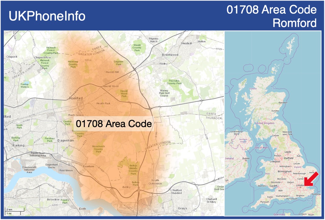 Map of the 01708 area code
